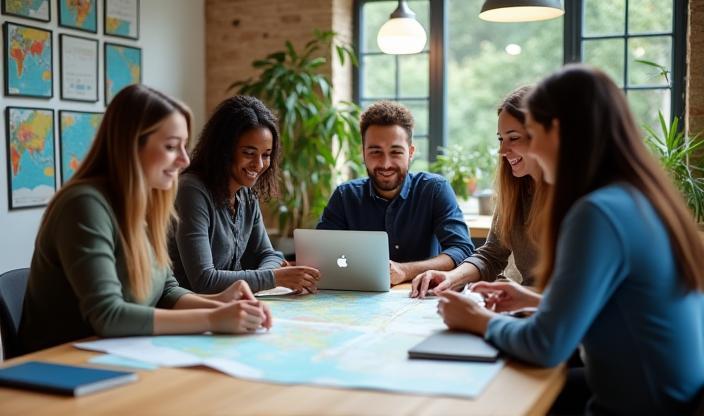 Team of travel bloggers planning routes